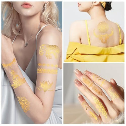Konsait 9 Sheets Metallic Tattoos - Elaborate Floral Elephant Patterns Gold Temporary Tattoos for Women & Girls, Festival & Party Accessories