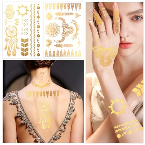 Konsait 9 Sheets Metallic Tattoos - Elaborate Floral Elephant Patterns Gold Temporary Tattoos for Women & Girls, Festival & Party Accessories - görsel 12