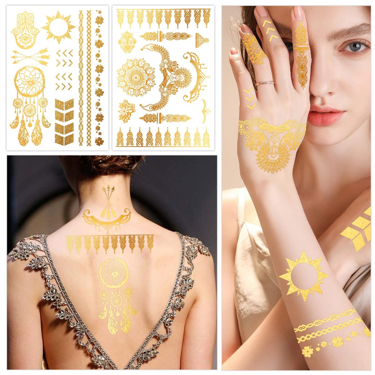 Konsait 9 Sheets Metallic Tattoos - Elaborate Floral Elephant Patterns Gold Temporary Tattoos for Women & Girls, Festival & Party Accessories - görsel 11