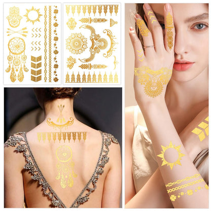 Konsait 9 Sheets Metallic Tattoos - Elaborate Floral Elephant Patterns Gold Temporary Tattoos for Women & Girls, Festival & Party Accessories