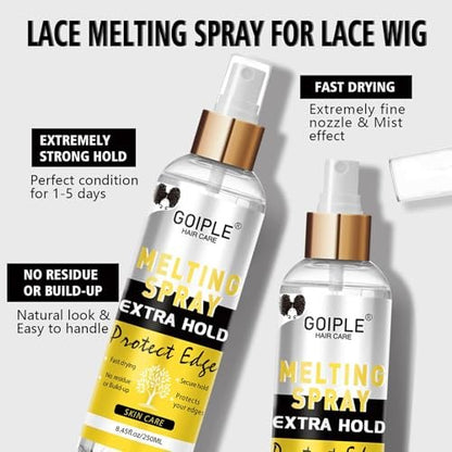 Goiple Lace Melting and Holding Spray – 8.45 fl oz Glue-Less Hair Adhesive for Wigs, Lace Frontals, and Closure Extensions | Strong Natural Hold with Control