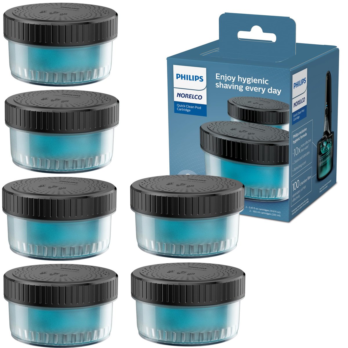 Norelco Philips Quick Clean Pod Cartridge, Lubricates Shaver and Eliminates Cut Hair, 6x 5.4 fl oz Cartridges (Up to 1.5yr Supply), BD9011AZ Avelisse