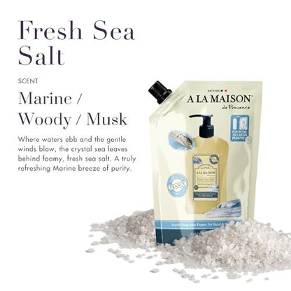 A LA MAISON French Liquid Hand Soap Eco-Friendly Refill Pouch, Fresh Sea Salt - Natural Hand Wash Made with Essential Oils - Biodegradable, Plant-Based, Vegan, Alcohol & Paraben Free (33.8 oz, 2 Pack) Avelisse