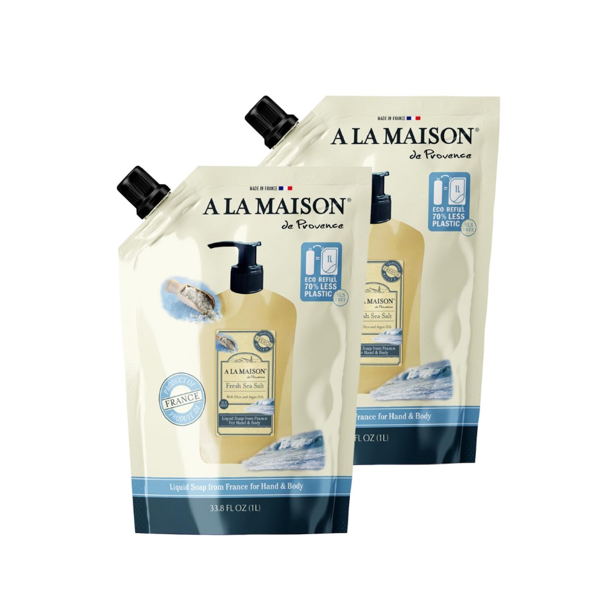 A LA MAISON French Liquid Hand Soap Eco-Friendly Refill Pouch, Fresh Sea Salt - Natural Hand Wash Made with Essential Oils - Biodegradable, Plant-Based, Vegan, Alcohol & Paraben Free (33.8 oz, 2 Pack) Avelisse