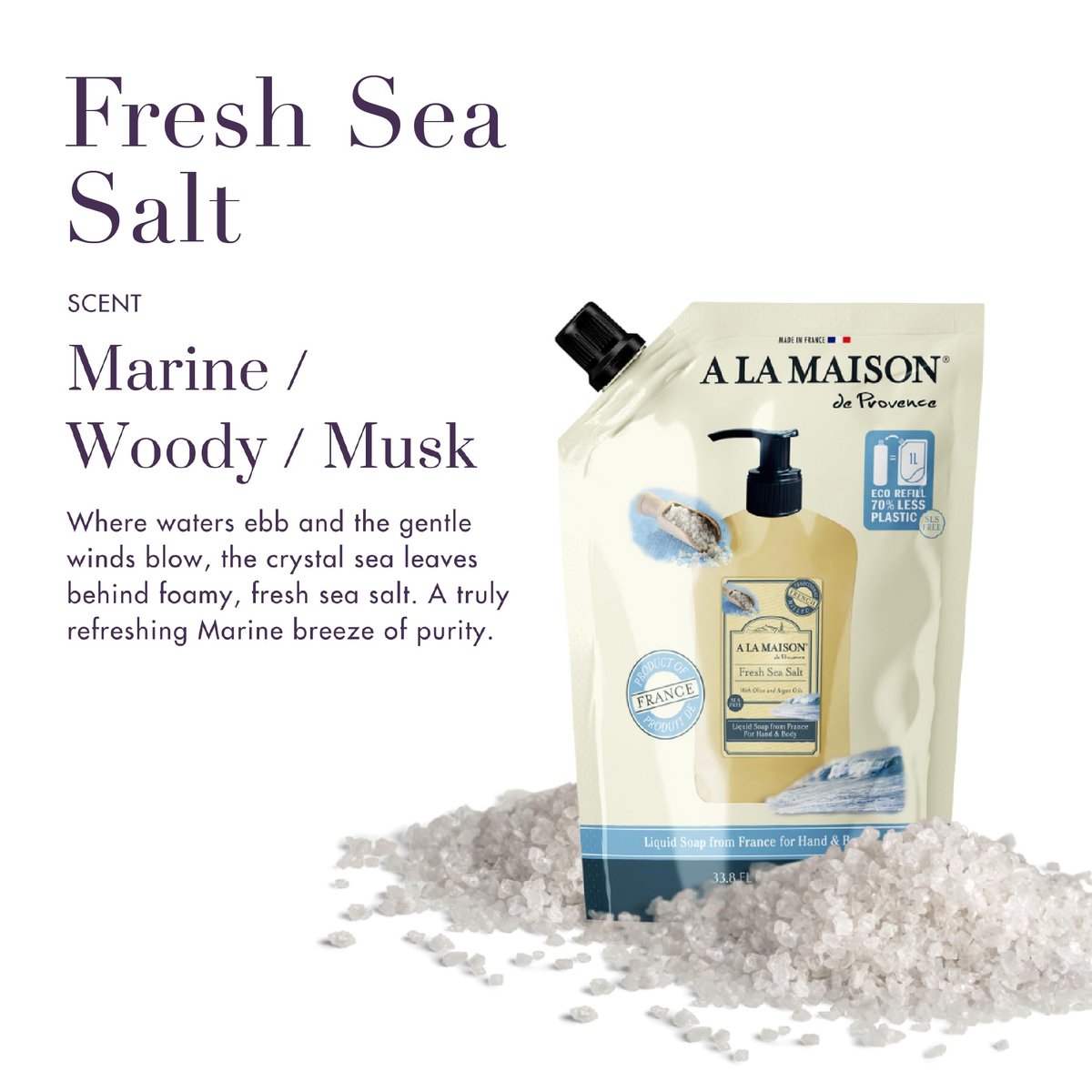 A LA MAISON French Liquid Hand Soap Eco-Friendly Refill Pouch, Fresh Sea Salt - Natural Hand Wash Made with Essential Oils - Biodegradable, Plant-Based, Vegan, Alcohol & Paraben Free (33.8 oz, 2 Pack) Avelisse