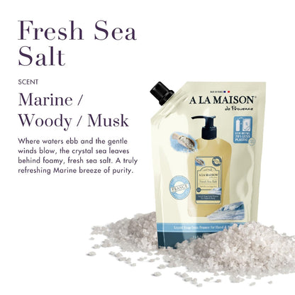 A LA MAISON French Liquid Hand Soap Eco-Friendly Refill Pouch, Fresh Sea Salt - Natural Hand Wash Made with Essential Oils - Biodegradable, Plant-Based, Vegan, Alcohol & Paraben Free (33.8 oz, 2 Pack) Avelisse