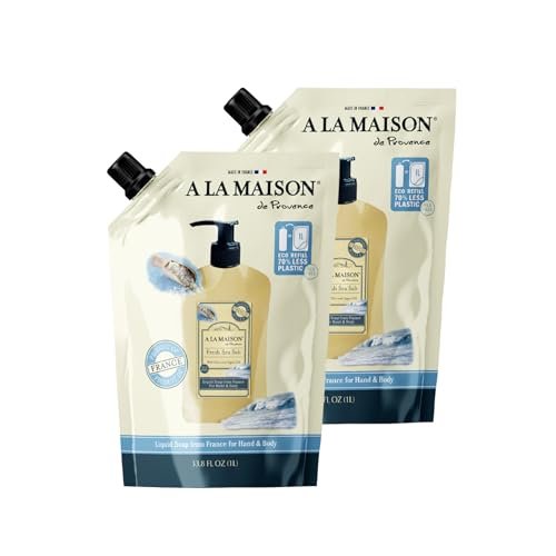 A LA MAISON French Liquid Hand Soap Eco-Friendly Refill Pouch, Fresh Sea Salt - Natural Hand Wash Made with Essential Oils - Biodegradable, Plant-Based, Vegan, Alcohol & Paraben Free (33.8 oz, 2 Pack) Avelisse