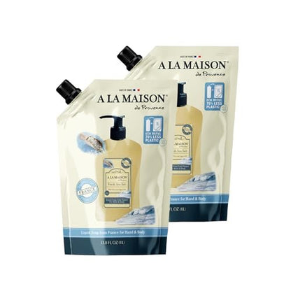 A LA MAISON French Liquid Hand Soap Eco-Friendly Refill Pouch, Fresh Sea Salt - Natural Hand Wash Made with Essential Oils - Biodegradable, Plant-Based, Vegan, Alcohol & Paraben Free (33.8 oz, 2 Pack) Avelisse