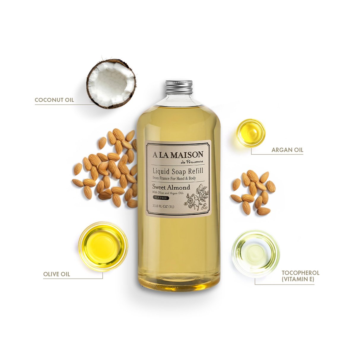A LA MAISON Sweet Almond Natural Hand Wash Refill - Plant-Based, Biodegradable, Vegan & Cruelty-Free (33.8 Fl Oz) Avelisse