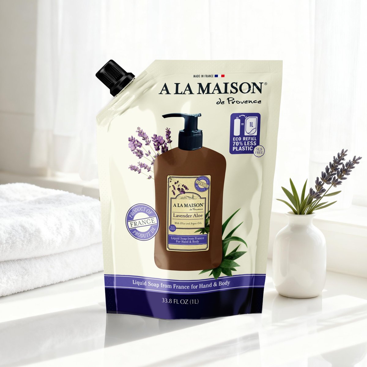 A LA MAISON French Liquid Hand Soap Refill - Natural Lavender Aloe Hand Wash, 33.8 Fl Oz Pouch, Plant-Based & Biodegradable Avelisse