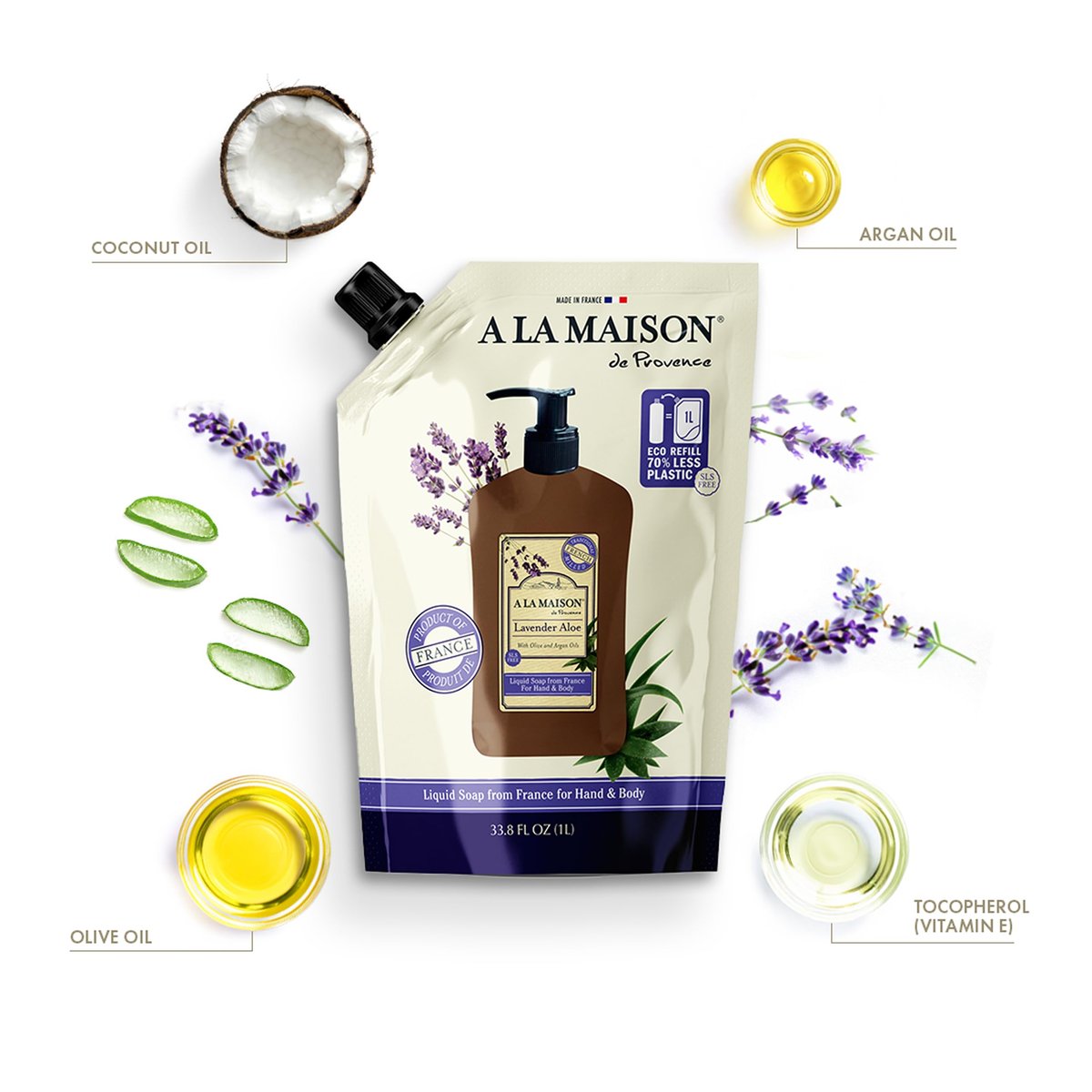A LA MAISON French Liquid Hand Soap Refill - Natural Lavender Aloe Hand Wash, 33.8 Fl Oz Pouch, Plant-Based & Biodegradable Avelisse