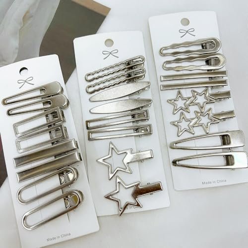 24pcs Silver Hair Clips for Women – 12 Pairs Metal Bangs Clip Pins & Barrettes, Alligator Clips & Star Hairclips for Styling Avelisse