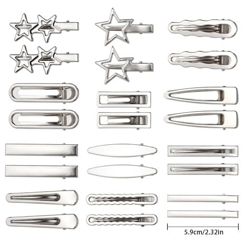 24pcs Silver Hair Clips for Women – 12 Pairs Metal Bangs Clip Pins & Barrettes, Alligator Clips & Star Hairclips for Styling Avelisse