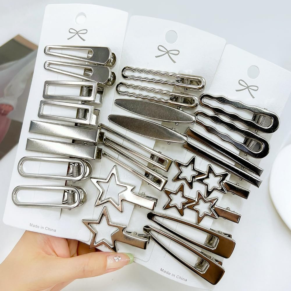 24pcs Silver Hair Clips for Women – 12 Pairs Metal Bangs Clip Pins & Barrettes, Alligator Clips & Star Hairclips for Styling Avelisse