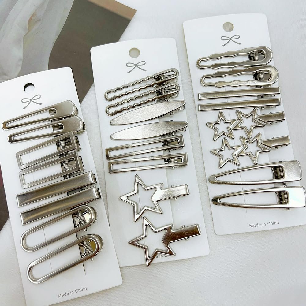 24pcs Silver Hair Clips for Women – 12 Pairs Metal Bangs Clip Pins & Barrettes, Alligator Clips & Star Hairclips for Styling Avelisse