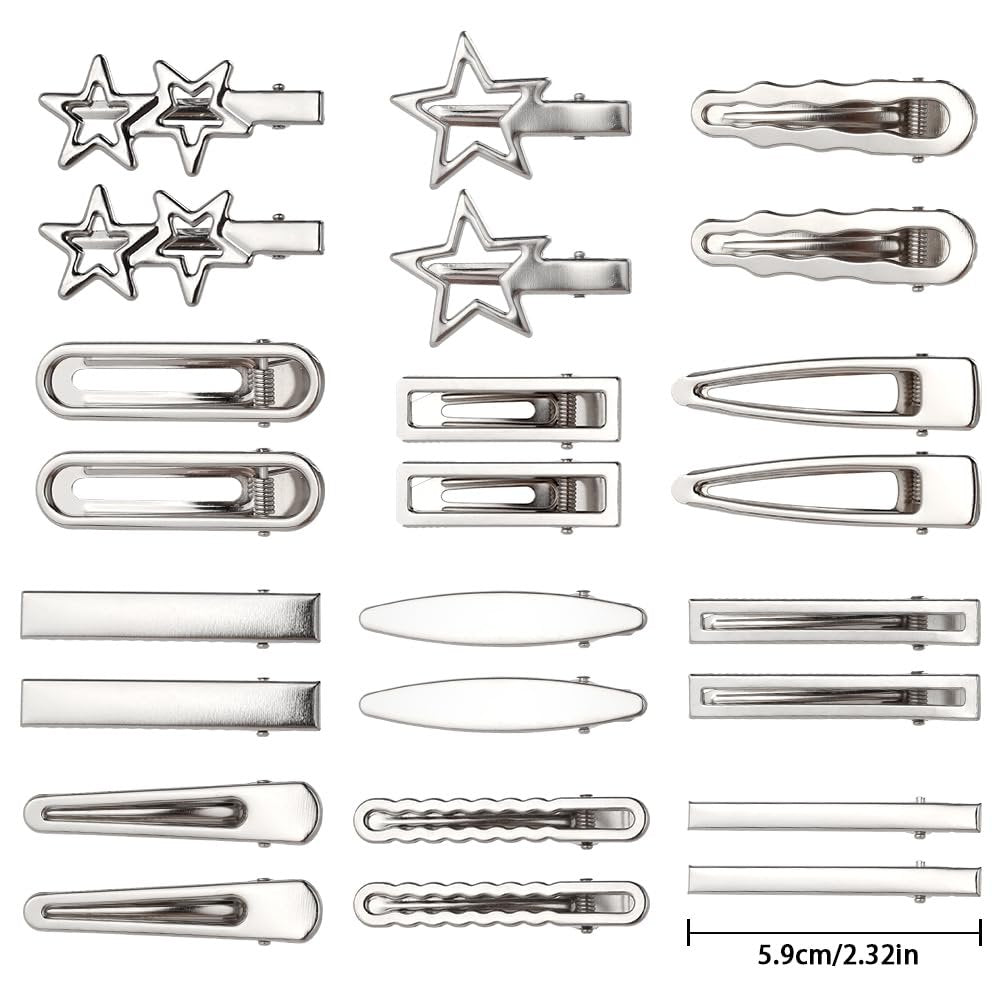 24pcs Silver Hair Clips for Women – 12 Pairs Metal Bangs Clip Pins & Barrettes, Alligator Clips & Star Hairclips for Styling Avelisse