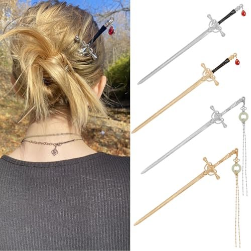 4-Piece Retro Metal Sword Hair Sticks – Ancient Style Hair Chopsticks with Tassels for Women and Men - görsel 2