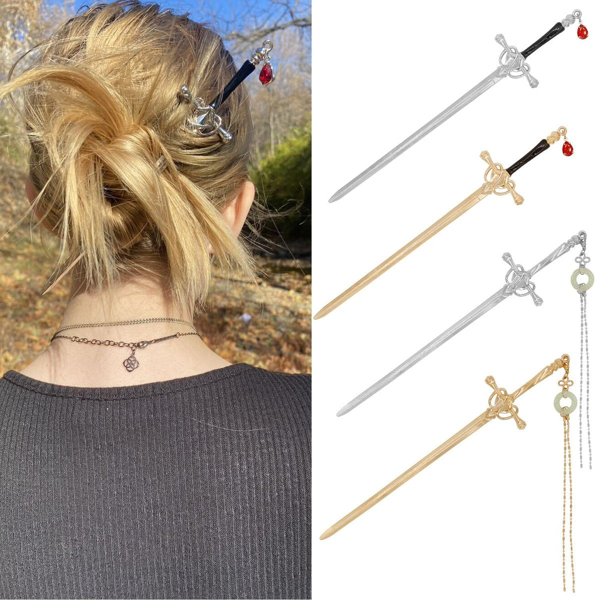 4-Piece Retro Metal Sword Hair Sticks – Ancient Style Hair Chopsticks with Tassels for Women and Men - görsel 1