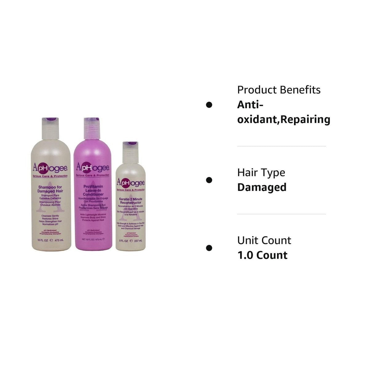 ApHogee Shampoo for Damaged Hair 16 oz + Leave-In Conditioner 16 oz + Keratin 2 Minute Reconstructor 8 oz Set Avelisse
