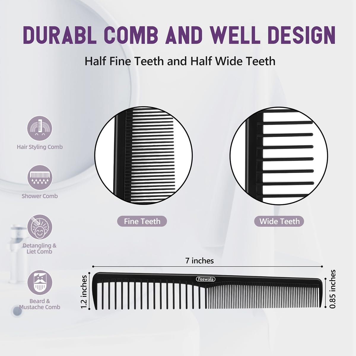 Feewala Combs Set - 8-Piece Classic Hair Comb with Fine & Wide Teeth for Detangling, Sectioning & Teasing - 7 Inches, 4 Colors (Black, Pink, Brown, White) - görsel 5