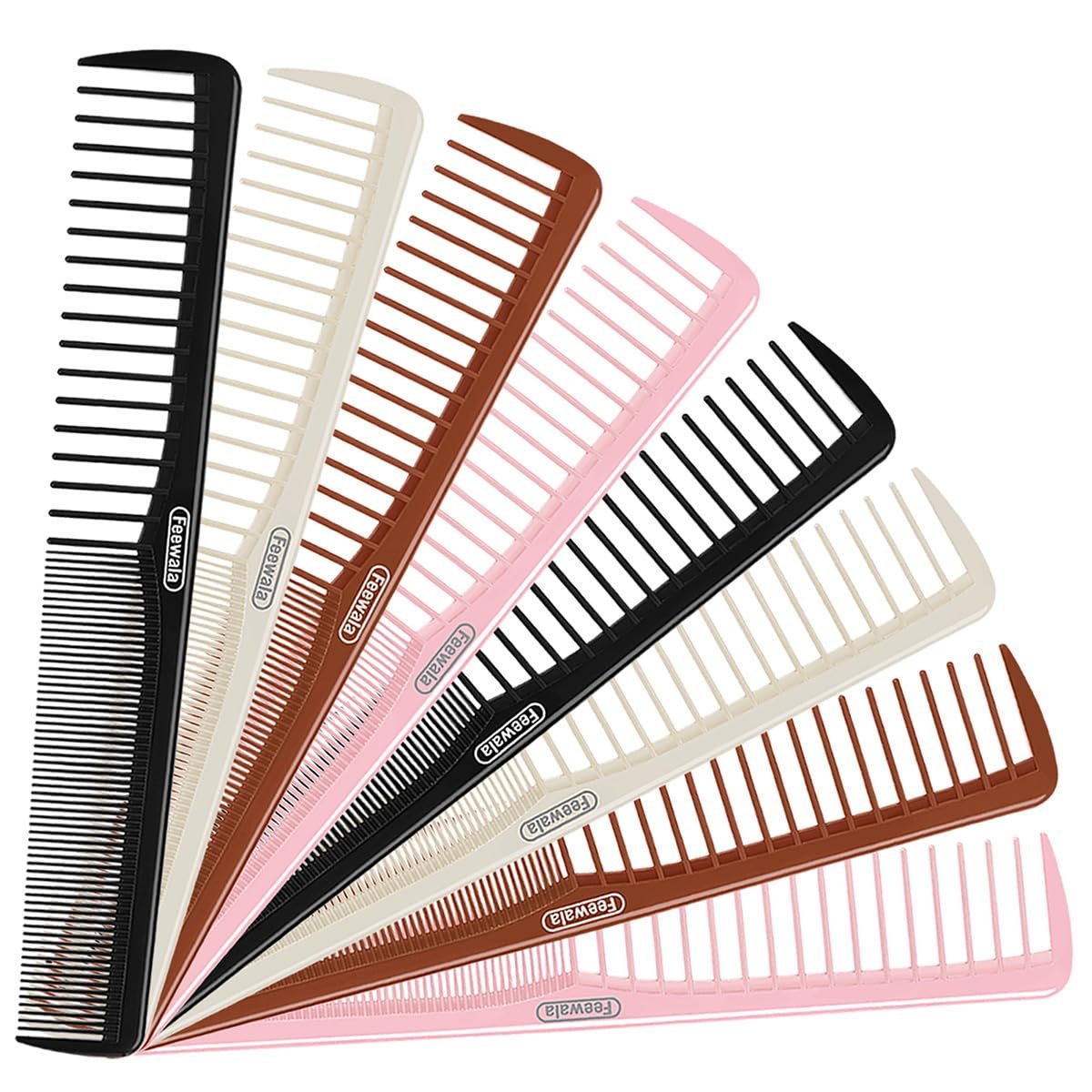 Feewala Combs Set - 8-Piece Classic Hair Comb with Fine & Wide Teeth for Detangling, Sectioning & Teasing - 7 Inches, 4 Colors (Black, Pink, Brown, White) - görsel 1