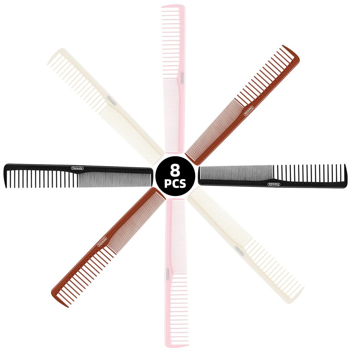 Feewala Combs Set - 8-Piece Classic Hair Comb with Fine & Wide Teeth for Detangling, Sectioning & Teasing - 7 Inches, 4 Colors (Black, Pink, Brown, White) - görsel 3