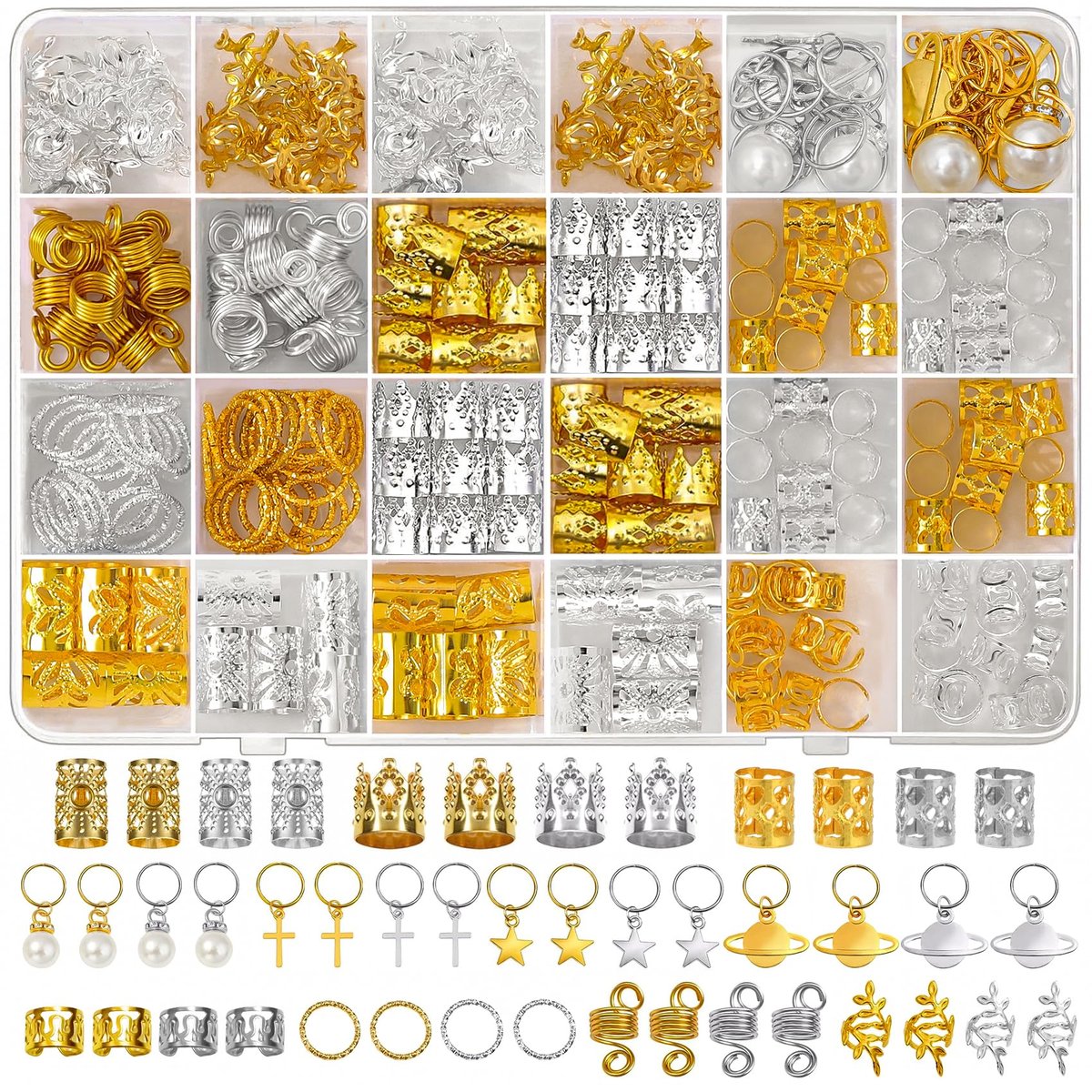 296PCS Hair Jewelry for Braids - Gold & Silver Hair Cuffs, Charms, Braid Jewelry, Metal Hair Clips for Locs, Braid Clips, Hair Rings Decorations for Women Men Unisex - görsel 1