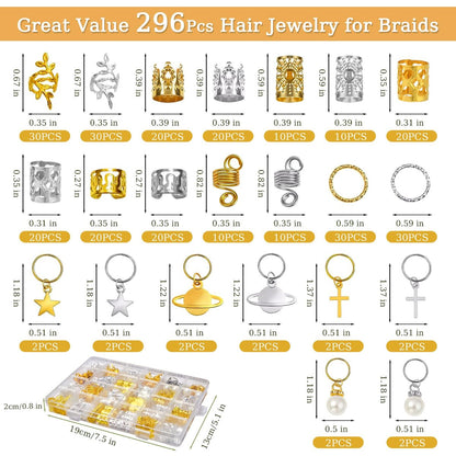 296PCS Hair Jewelry for Braids - Gold & Silver Hair Cuffs, Charms, Braid Jewelry, Metal Hair Clips for Locs, Braid Clips, Hair Rings Decorations for Women Men Unisex
