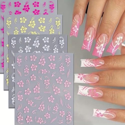 8PCS Flower Nail Art Stickers – Hawaiian Floral Nail Decals White Pink Yellow 3D Self-Adhesive for Summer Manicure