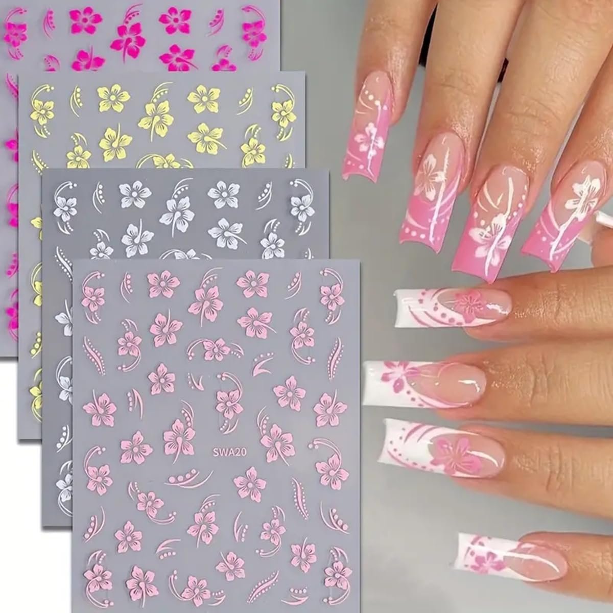 8PCS Flower Nail Art Stickers – Hawaiian Floral Nail Decals White Pink Yellow 3D Self-Adhesive for Summer Manicure - görsel 1