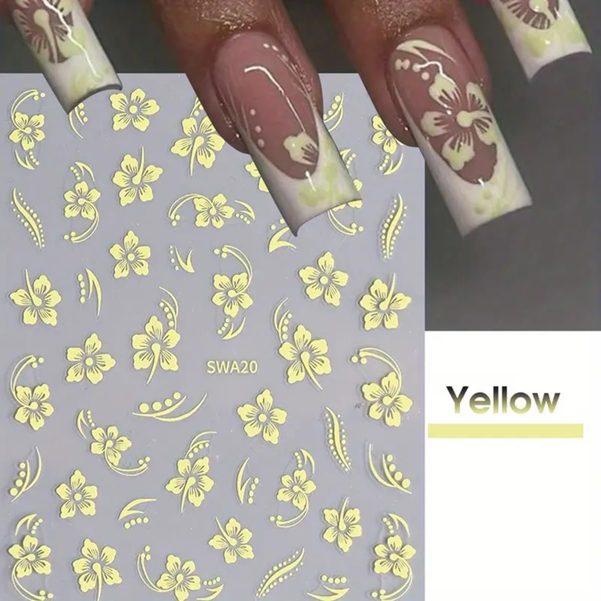 8PCS Flower Nail Art Stickers – Hawaiian Floral Nail Decals White Pink Yellow 3D Self-Adhesive for Summer Manicure - görsel 9