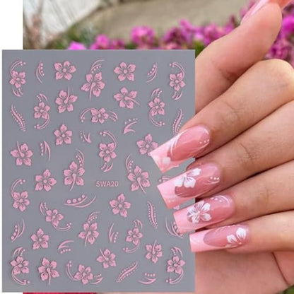 8PCS Flower Nail Art Stickers – Hawaiian Floral Nail Decals White Pink Yellow 3D Self-Adhesive for Summer Manicure