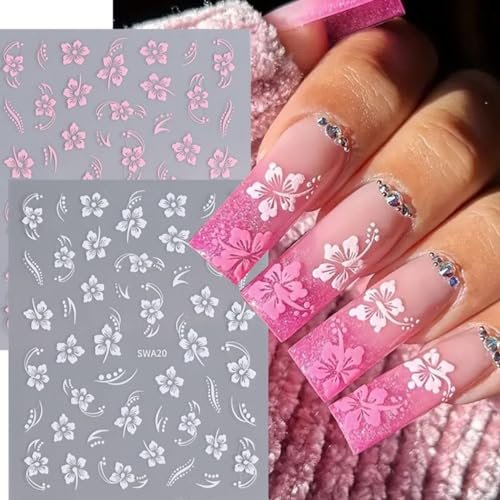 8PCS Flower Nail Art Stickers – Hawaiian Floral Nail Decals White Pink Yellow 3D Self-Adhesive for Summer Manicure - görsel 4