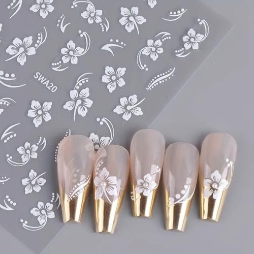 8PCS Flower Nail Art Stickers – Hawaiian Floral Nail Decals White Pink Yellow 3D Self-Adhesive for Summer Manicure - görsel 12