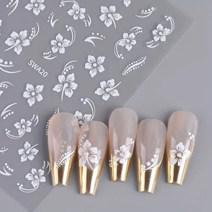 8PCS Flower Nail Art Stickers – Hawaiian Floral Nail Decals White Pink Yellow 3D Self-Adhesive for Summer Manicure