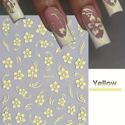 8PCS Flower Nail Art Stickers – Hawaiian Floral Nail Decals White Pink Yellow 3D Self-Adhesive for Summer Manicure