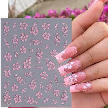 8PCS Flower Nail Art Stickers – Hawaiian Floral Nail Decals White Pink Yellow 3D Self-Adhesive for Summer Manicure