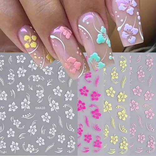 8PCS Flower Nail Art Stickers – Hawaiian Floral Nail Decals White Pink Yellow 3D Self-Adhesive for Summer Manicure - görsel 18