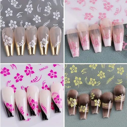 8PCS Flower Nail Art Stickers – Hawaiian Floral Nail Decals White Pink Yellow 3D Self-Adhesive for Summer Manicure