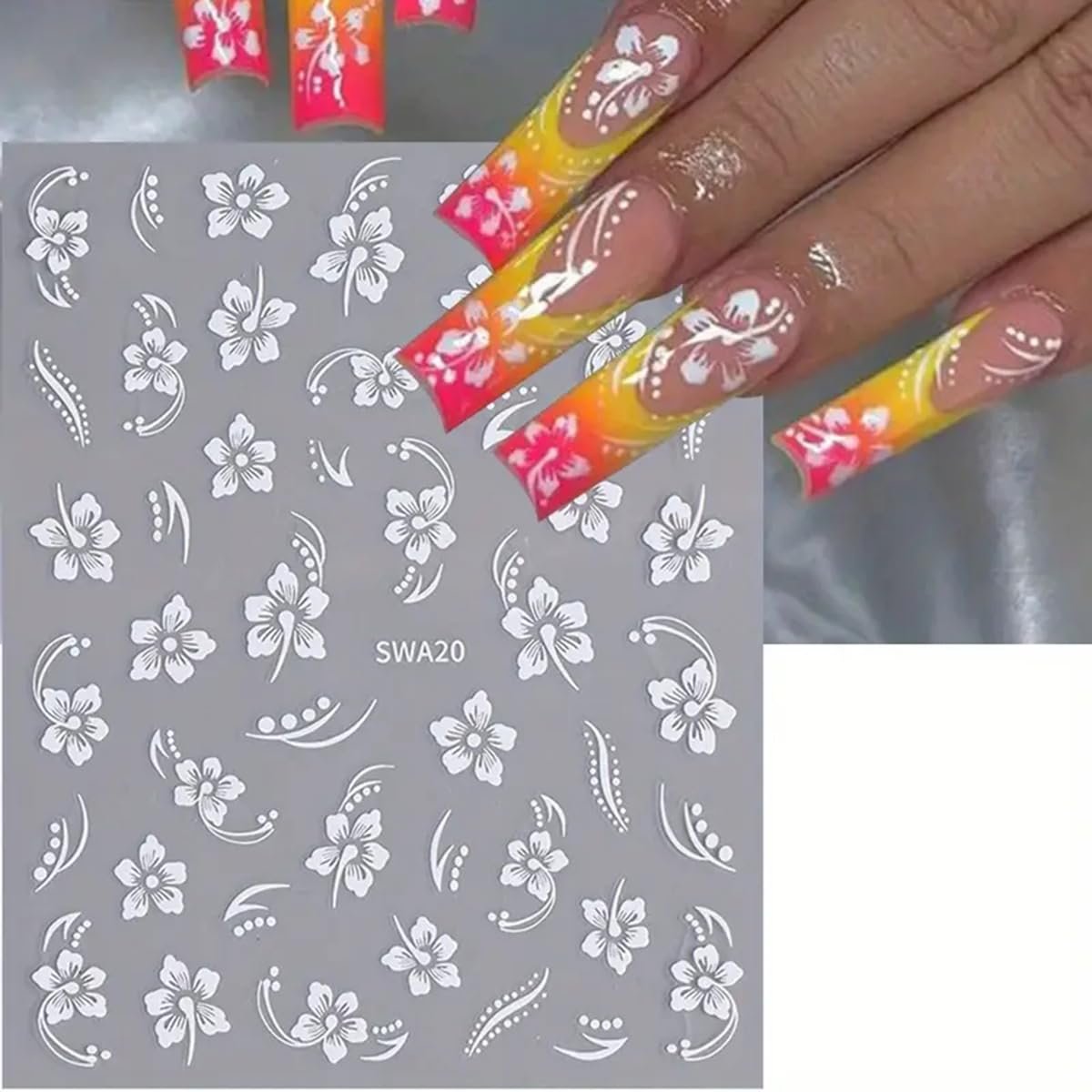 8PCS Flower Nail Art Stickers – Hawaiian Floral Nail Decals White Pink Yellow 3D Self-Adhesive for Summer Manicure - görsel 5