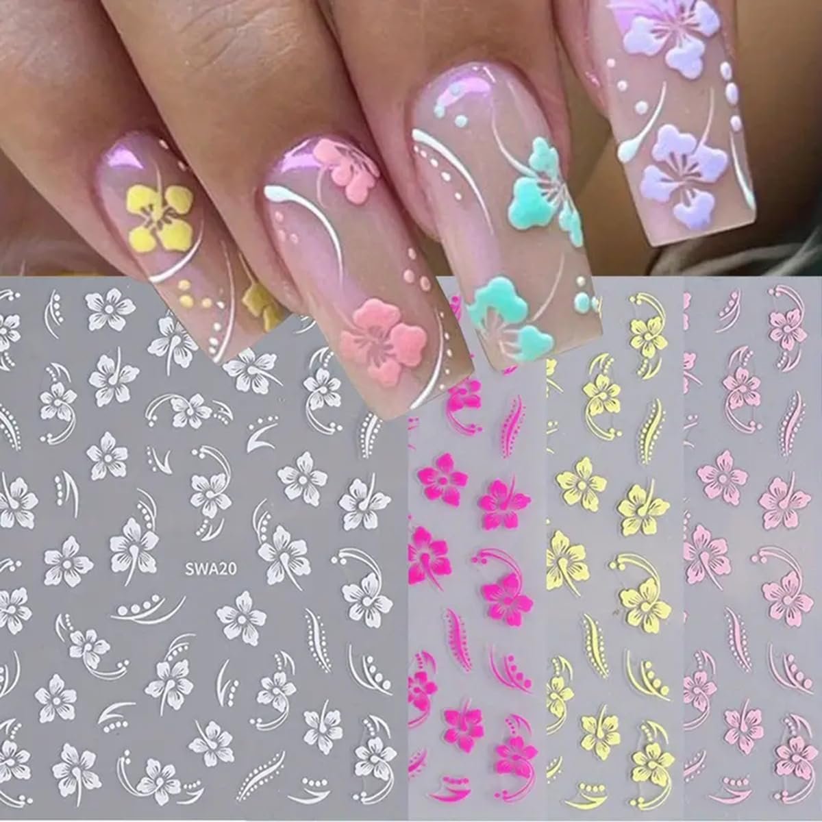 8PCS Flower Nail Art Stickers – Hawaiian Floral Nail Decals White Pink Yellow 3D Self-Adhesive for Summer Manicure - görsel 17
