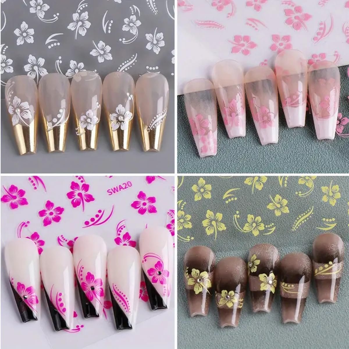 8PCS Flower Nail Art Stickers – Hawaiian Floral Nail Decals White Pink Yellow 3D Self-Adhesive for Summer Manicure - görsel 13