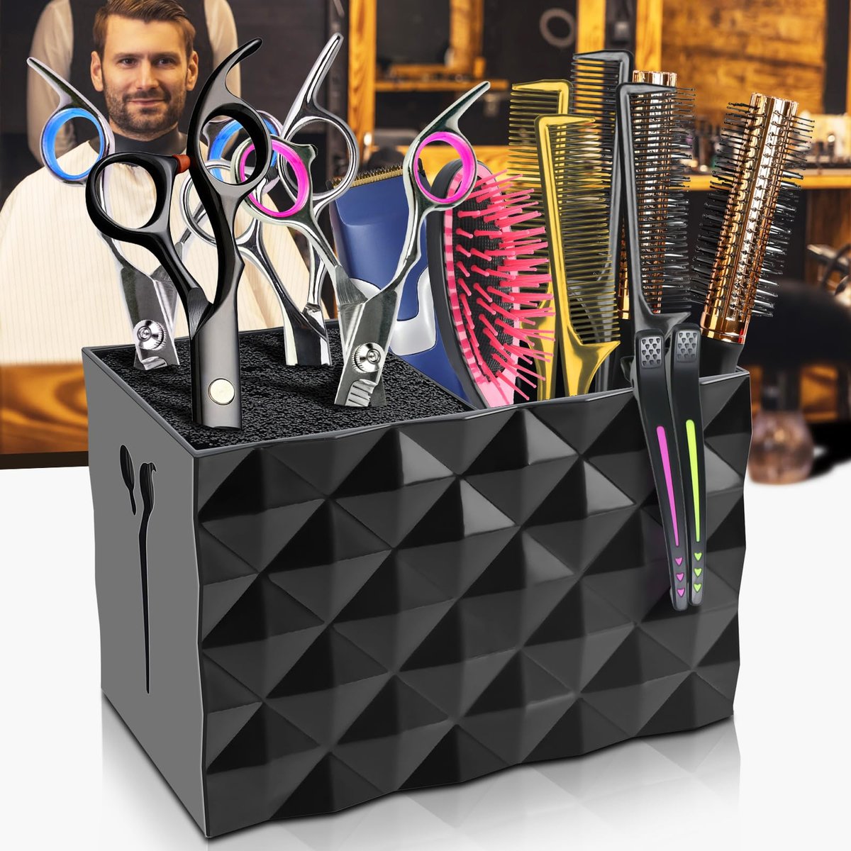 NICEMOVIC Barber Scissors Holder Box - Professional Hairdressing Scissors Rack Storage Organizer for Combs, Clips, Brushes (Black) - görsel 11