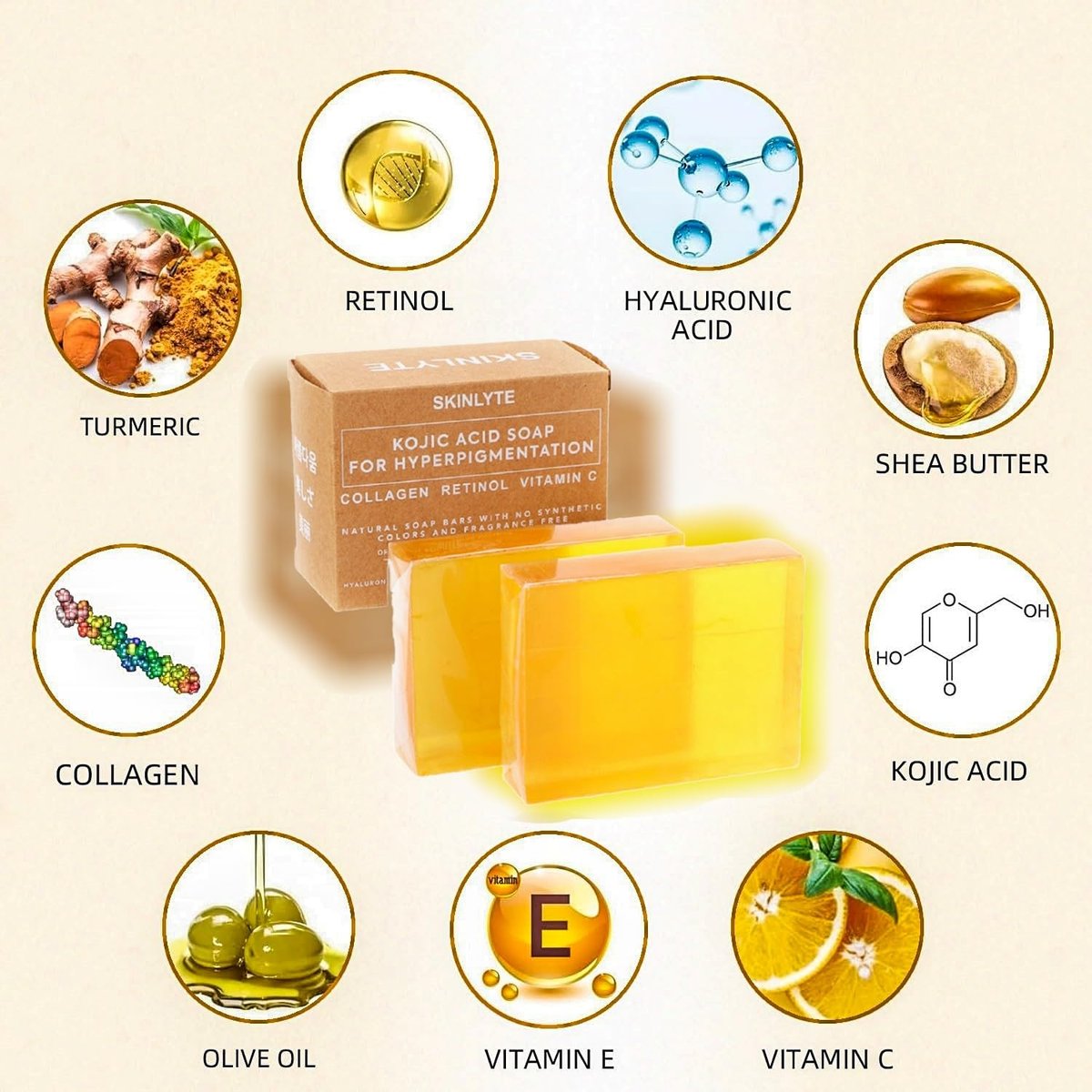 SKINLYTE Kojic Acid Soap Natural - Fragrance Free and Dye Free - Dark Spot Remover Hyperpigmentation Corrector K-Beauty Formula - Turmeric, Glycerin, Collagen, Hyaluronic Acid, Retinol (2 Pack) 7oz. - görsel 9
