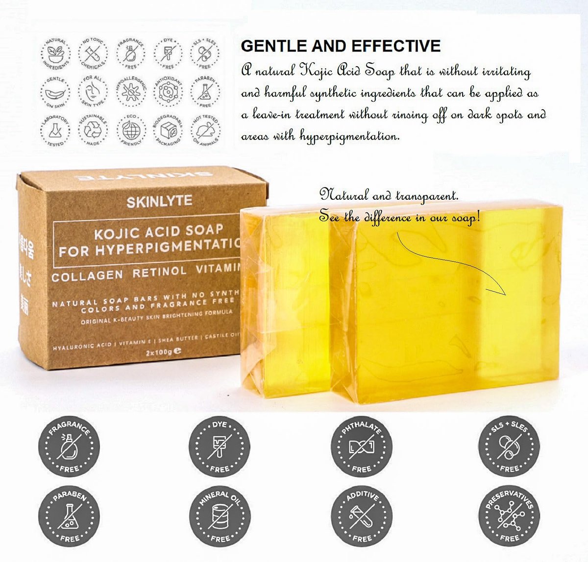 SKINLYTE Kojic Acid Soap Natural - Fragrance Free and Dye Free - Dark Spot Remover Hyperpigmentation Corrector K-Beauty Formula - Turmeric, Glycerin, Collagen, Hyaluronic Acid, Retinol (2 Pack) 7oz. - görsel 11