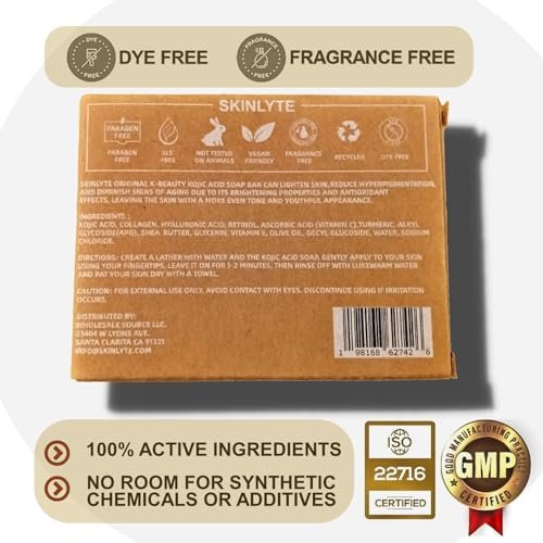SKINLYTE Kojic Acid Soap Natural - Fragrance Free and Dye Free - Dark Spot Remover Hyperpigmentation Corrector K-Beauty Formula - Turmeric, Glycerin, Collagen, Hyaluronic Acid, Retinol (2 Pack) 7oz. - görsel 4