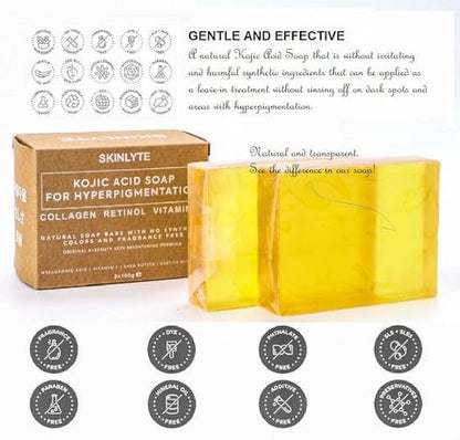 SKINLYTE Kojic Acid Soap Natural - Fragrance Free and Dye Free - Dark Spot Remover Hyperpigmentation Corrector K-Beauty Formula - Turmeric, Glycerin, Collagen, Hyaluronic Acid, Retinol (2 Pack) 7oz.