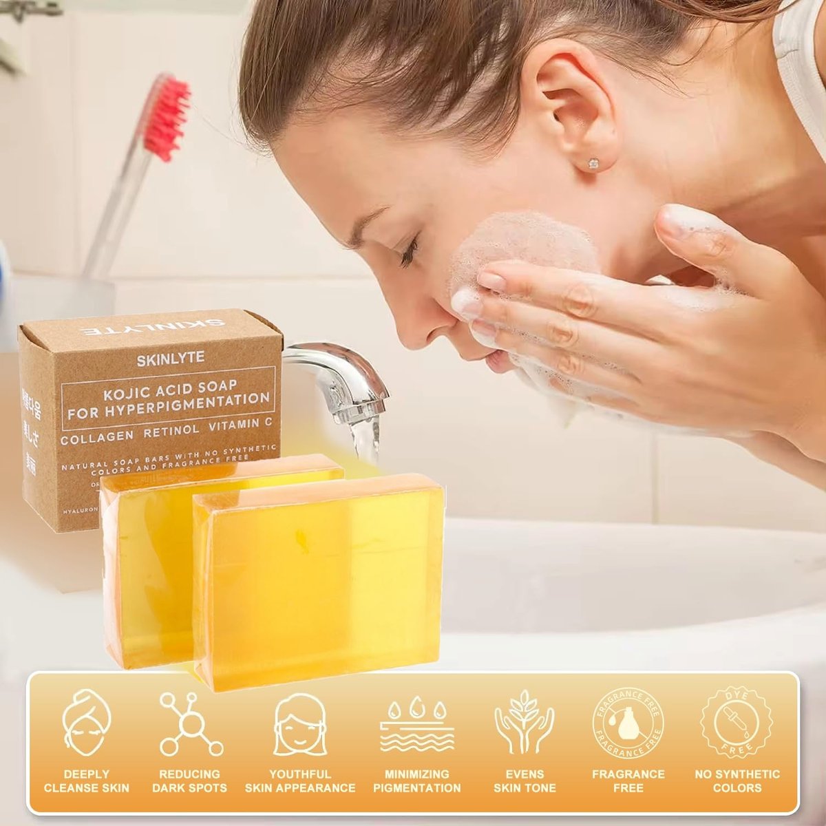 SKINLYTE Kojic Acid Soap Natural - Fragrance Free and Dye Free - Dark Spot Remover Hyperpigmentation Corrector K-Beauty Formula - Turmeric, Glycerin, Collagen, Hyaluronic Acid, Retinol (2 Pack) 7oz. - görsel 7
