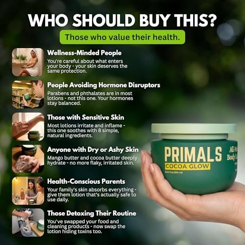 PRIMALS All Natural Body Lotion - Cocoa Butter & Mango Butter - 100% Naturally Derived Ingredients - Alcohol Free, Artificial Fragrance Free, Paraben Free, Petroleum Derivative Free - 8.45 oz Avelisse