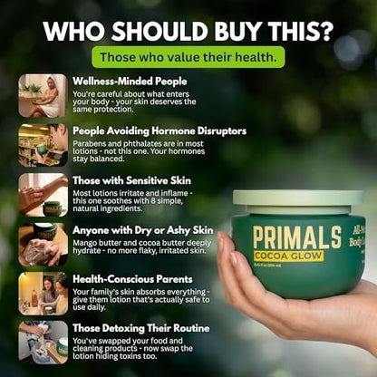 PRIMALS All Natural Body Lotion - Cocoa Butter & Mango Butter - 100% Naturally Derived Ingredients - Alcohol Free, Artificial Fragrance Free, Paraben Free, Petroleum Derivative Free - 8.45 oz Avelisse